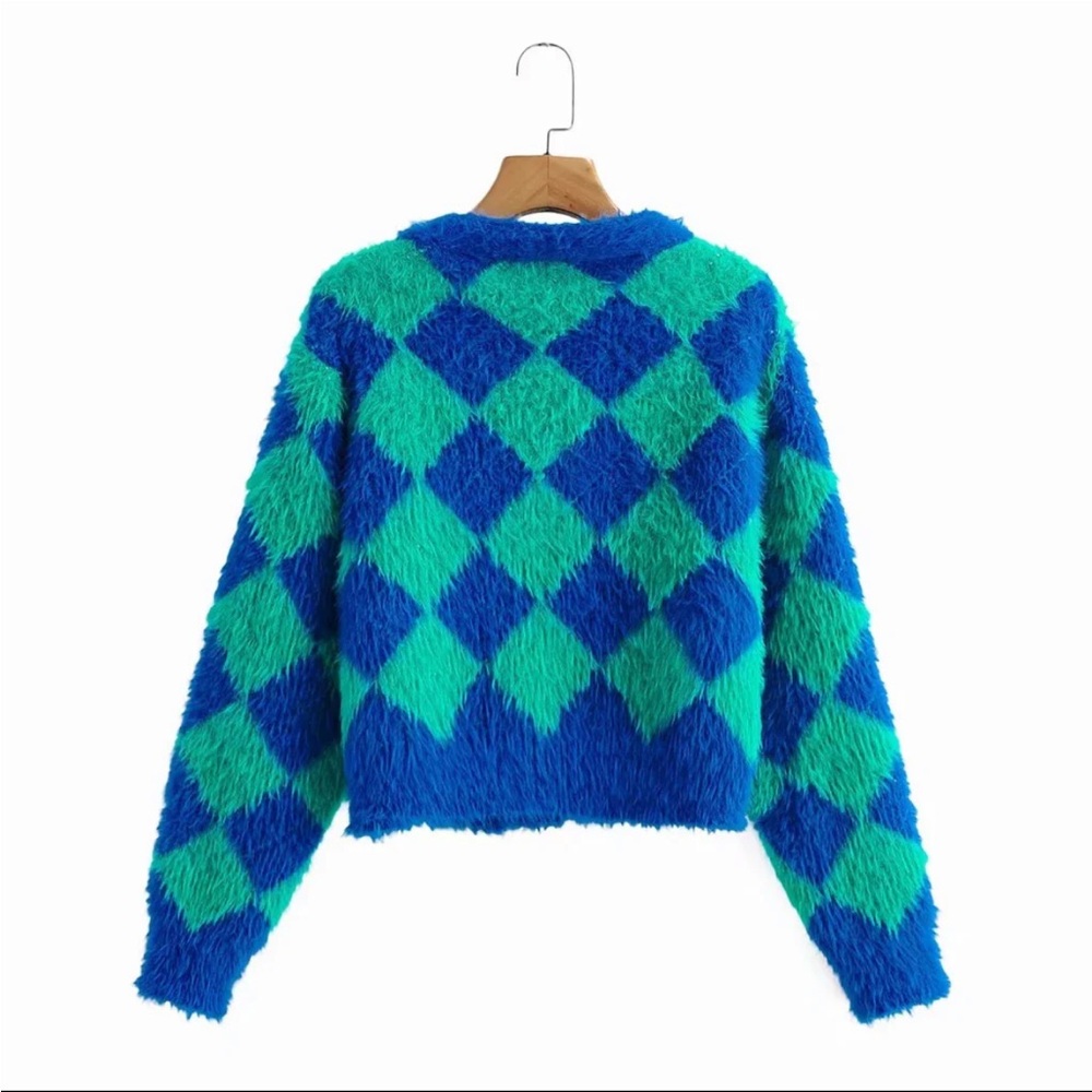Soft & Fuzzy Green and Blue Harlequin Cardigan (S-XL) - Picture 2 of 3